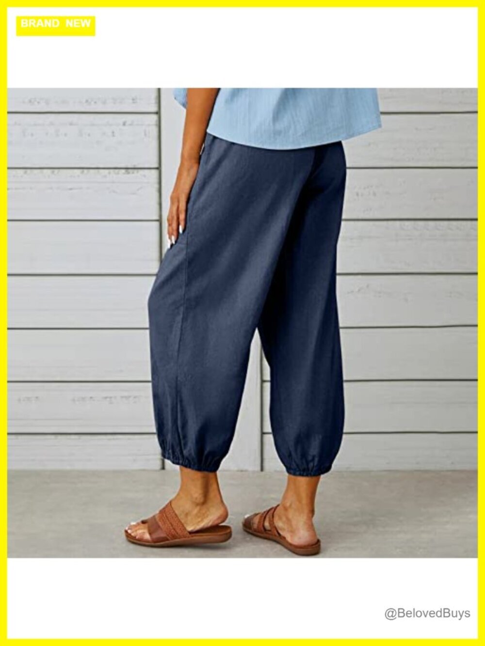 High Waisted Wide Leg Linen Capri Pants with Pockets Casual Summer - Picture 4 of 5